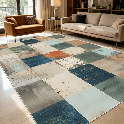 1PC Distressed Patchwork Geometric Checkered area rugs for Living Room, Soft and Comfortable, Suitable for all seasons, easy-to-maintain, machine washable, suitable for dining room, bedroom, entryway, kitchen, patio, Home Decor, Outdoor Decor.