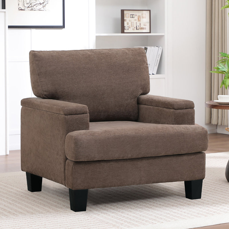Fauteuil rembourré avec rangement intérieur pour accoudoirs, Marron foncé