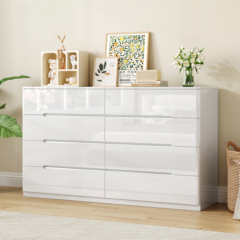 Modern 8 Drawer Dresser For Bedroom, 47’’ White Chest of Drawers, High Gloss Storage Dresser For Living Room, Hallway, Entryway