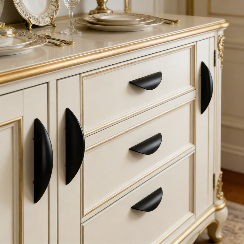 Poignées d'armoire demi-lune, paquet de 4 poignées de tiroir noir mat, quincaillerie d'armoire de cuisine en alliage de zinc avec galvanoplastie multicouche, trou central de 2 1/2 po