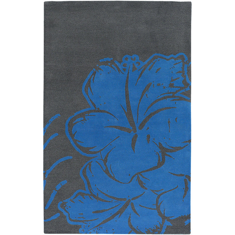 Tapis surdimensionné en laine bleu cobalt et gris anthracite Dooling, Rectangulaire 2 pi x 3 pi