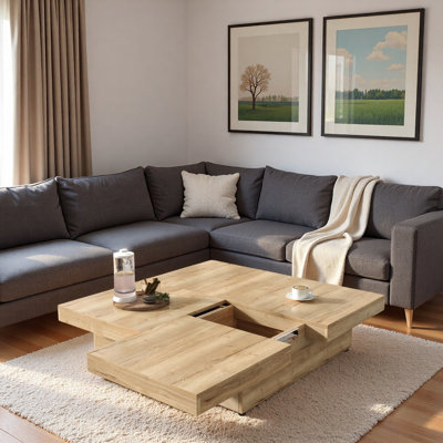 Table basse carrée en placage avec plateau coulissant et beaucoup de rangement