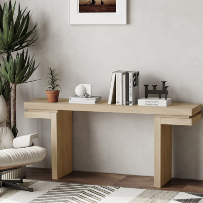 Console très large en placage de bois véritable de 66 pouces, canapé minimaliste pour vestibule, couloir, salon, bureau à domicile, finition chêne vieilli