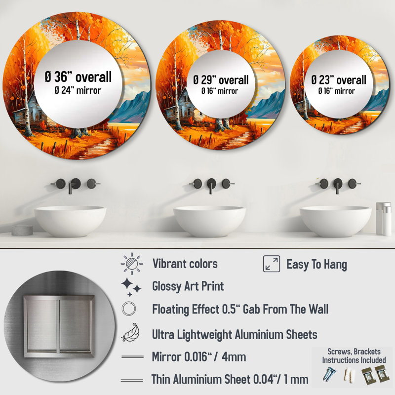Quionna Small Cottage In Autumn III - Winter Landscape Large Wall Mirror, Traditional Round Unique Mirror, Printed Metal Art