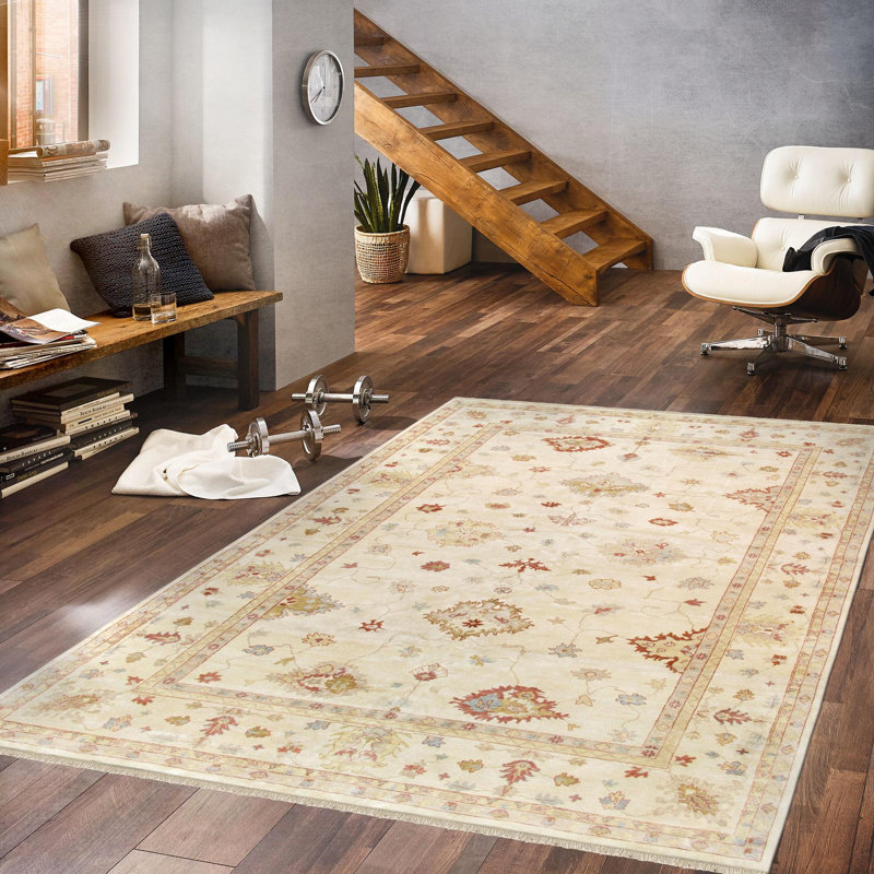 Elegant Ivory Floral Hand-Knotted Wool Rug - 12' 1" x 17' 2"