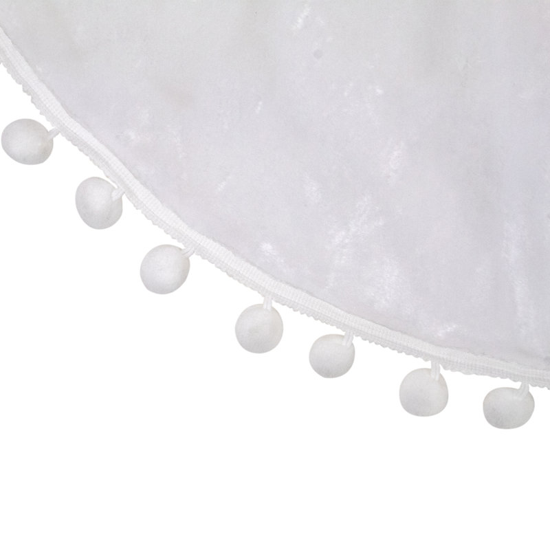 White Fabric Christmas Tree Skirt with Pom Pom Border