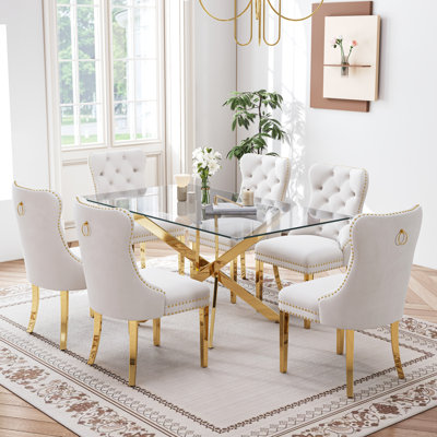 7-Piece Rectangular Glass Dining Set, 63" Modern Tempered Glass Dining Table With Velvet Upholstered Seats