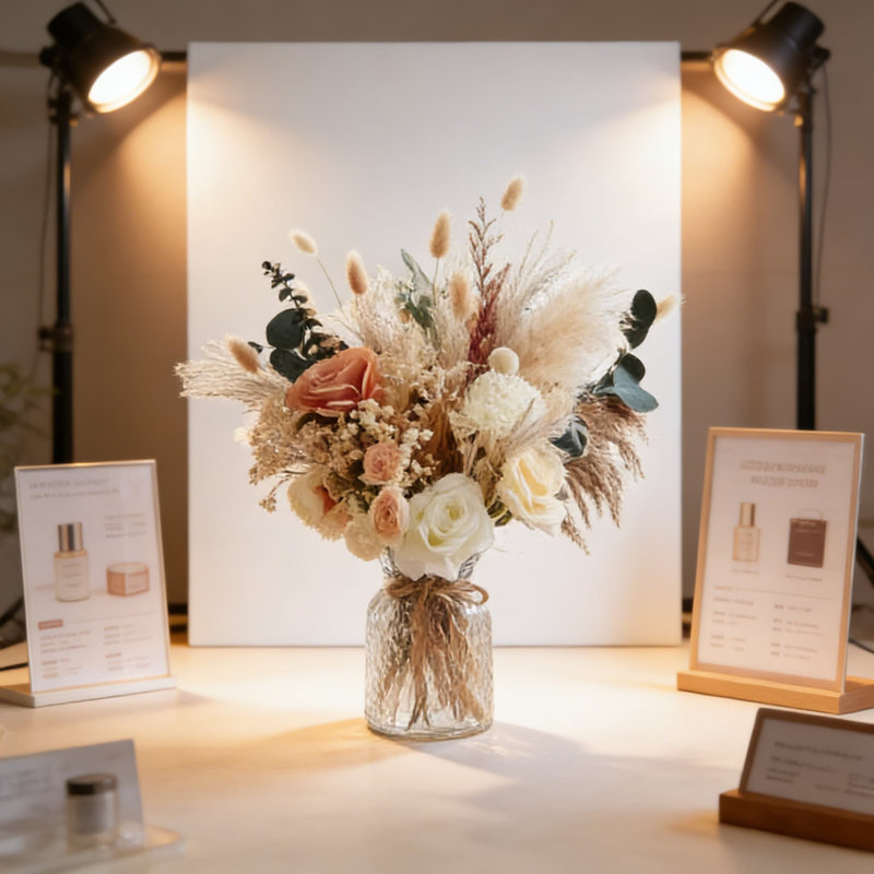 Centre de table floral de qualité supérieure pré-organisé avec vase - herbe de pampa artificielle, roses en soie et plantes séchées pour décor de maison, de bureau, de maison de campagne, de bohème ou de bureau moderne