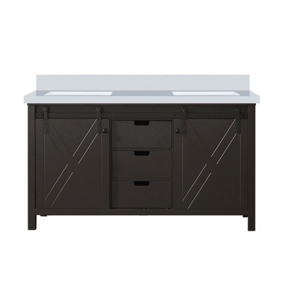 60 po L x P 22 po Meuble-lavabo double brun - comptoir en marbre de culture, structure en bois massif, surface fonctionnelle, rayure et teinture, rangement abondant avec 2. Armoires, tablette ouverte à 3 tiroirs