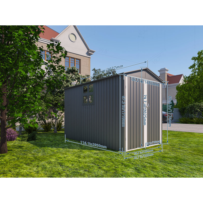 Versatile Outdoor Storage Shed for Various Items, Enhancing Your Space Organization, Grey/White, 79.6" H x 121" W x 62.7" D