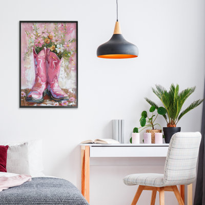 Floral Boots Pink Cowgirl Framed Giclee, design by LSR Design Studio