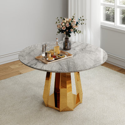 Table de salle à manger ronde 47 po avec plateau en faux marbre et base en métal