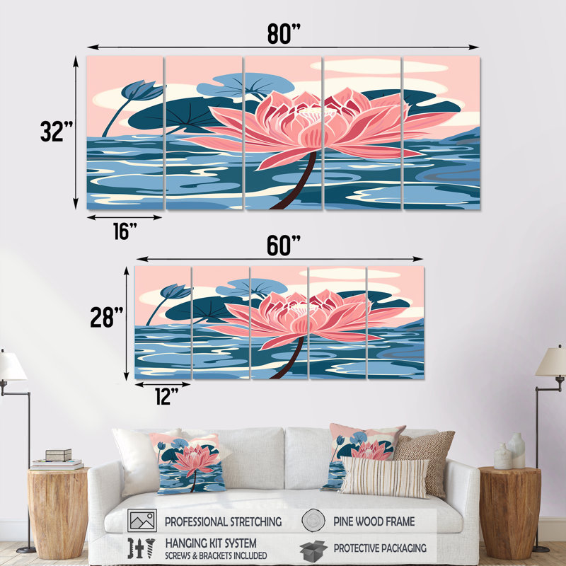 Fleur de lotus rose sur étang bleu - toile d'art lotus 5 pièces, H 28 po x l 60 po