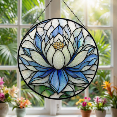 7.8"H Blue Lotus Stained Glass Window Panel