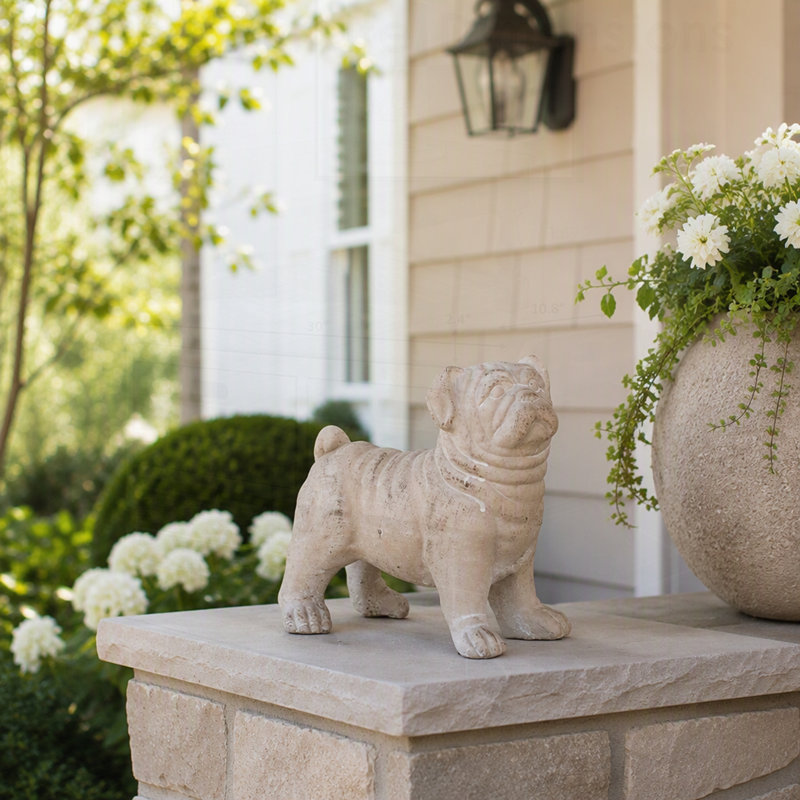 Figurine de bouledogue debout, fabriquée à la main avec une finition beige naturelle, idéale pour une décoration rustique et éclectique.