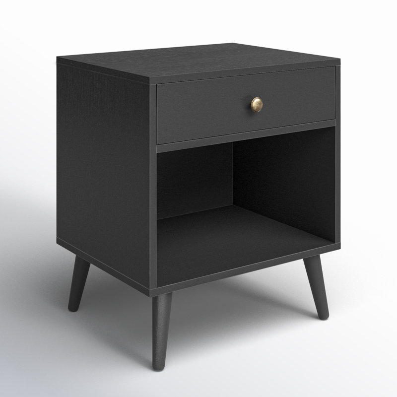 Vansant 1 - Drawer Nightstand with Drawer and Open Compartment, Solid Wood Legs, Black