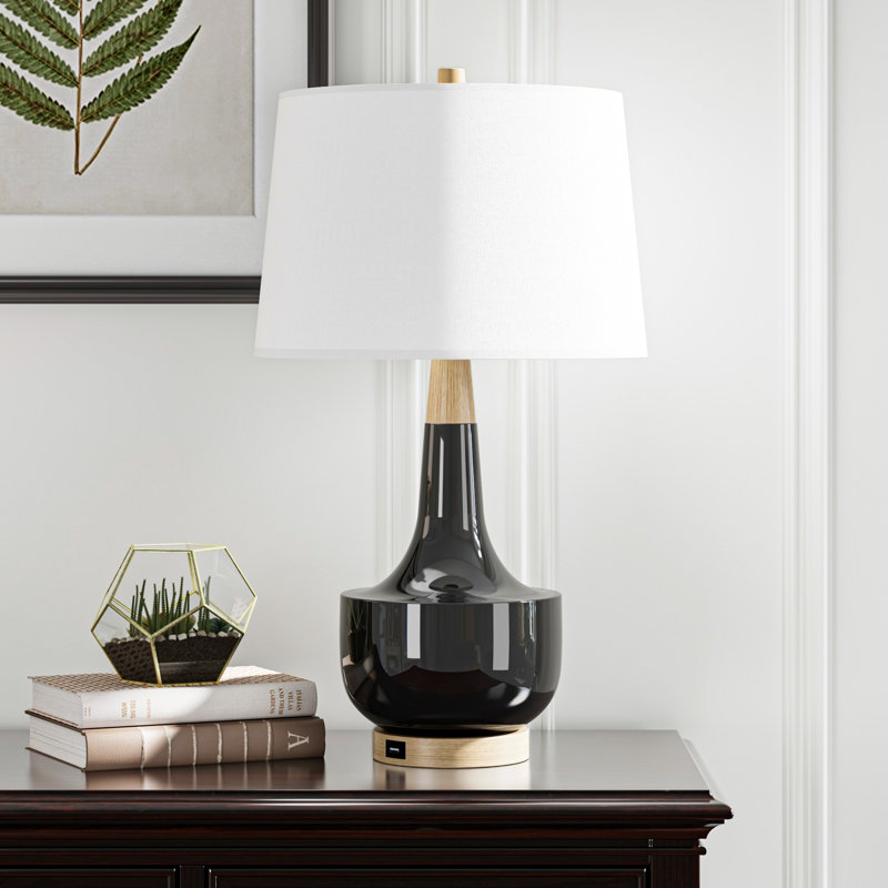 26'' Modern Ceramic And Solid Wood Table Lamp With USB Ports (Black) - MCM Modern Funky Accent Table Lamps For Bedroom Bedside/Nightstand, Living Room & Desk