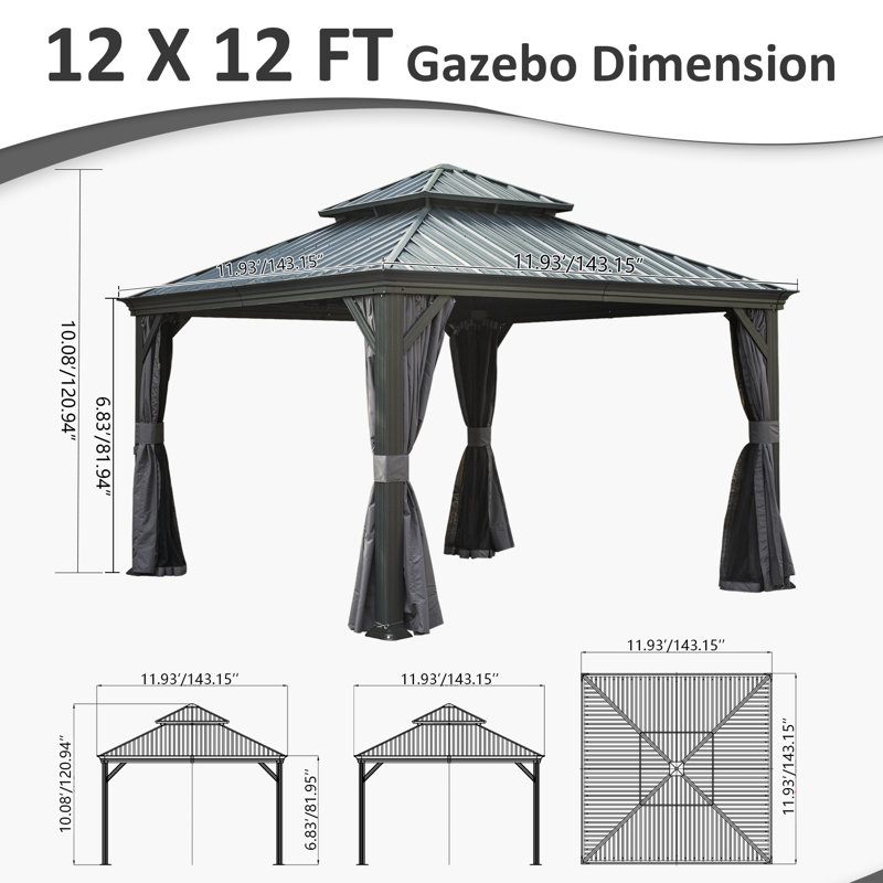 12 Ft. W x 12 Ft. D Galvanized Steel Patio Gazebo with Double Roof, Gray