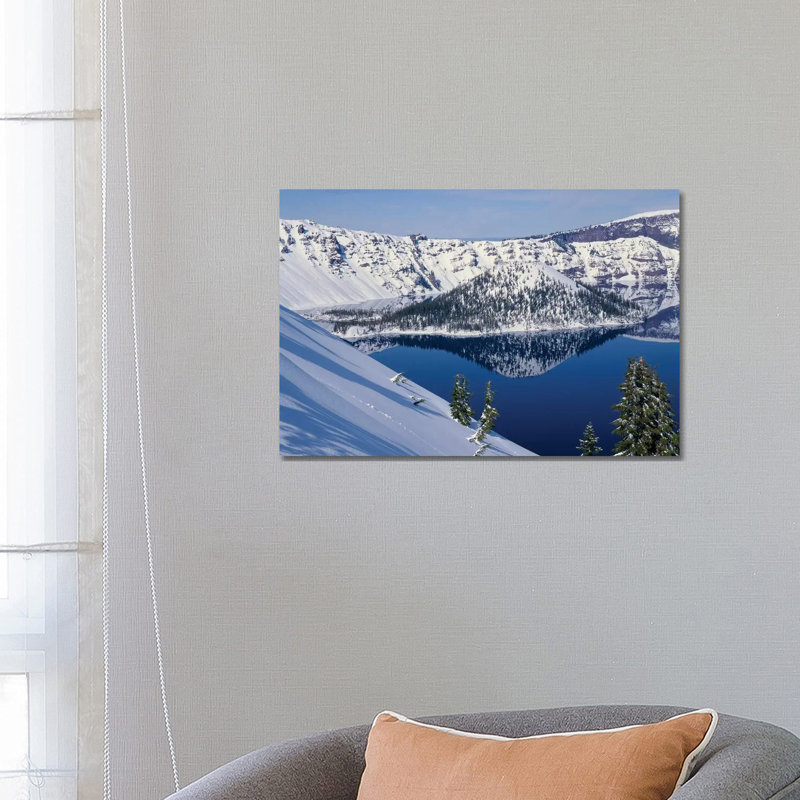USA, Oregon, Crater Lake National Park. Winter Snow on West Rim of Crater Lake and Wizard Island. 1 Piece Wrapped Canvas Wall Art