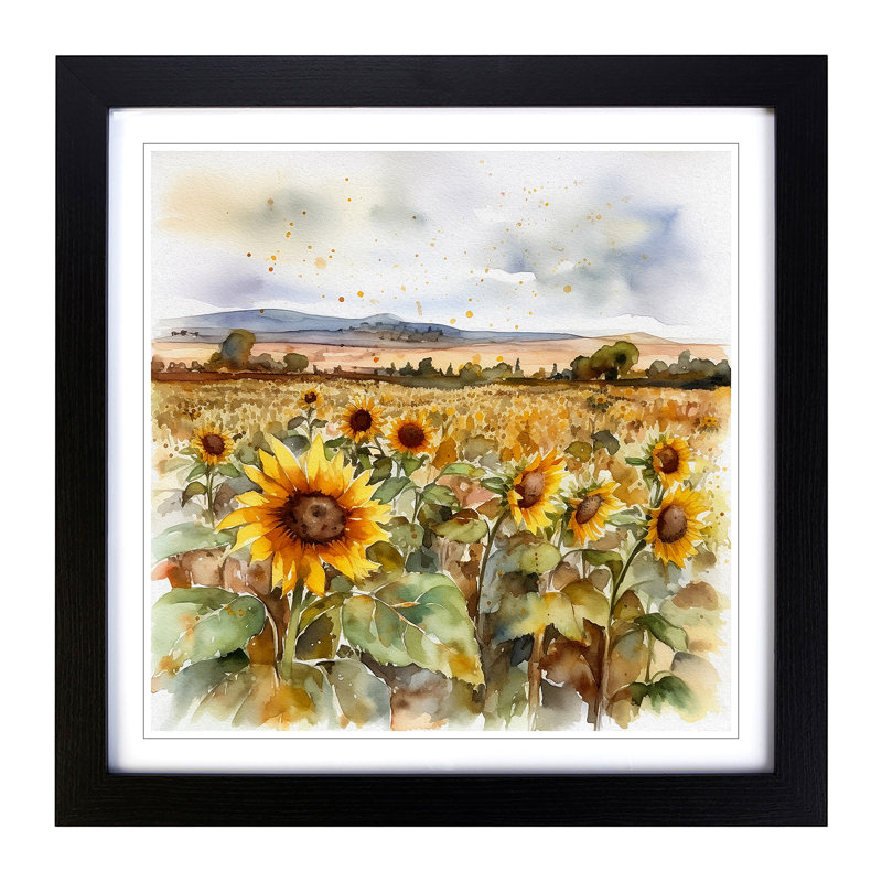 Sunflower Field Watercolour No.2 - Framed Print, Black