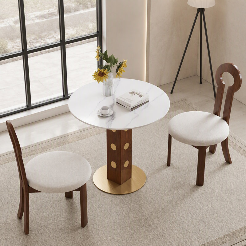 Table de salle à manger 33,5 pouces en pierre frittée ronde avec pieds en bois et base dorée pour 2 personnes, Blanc