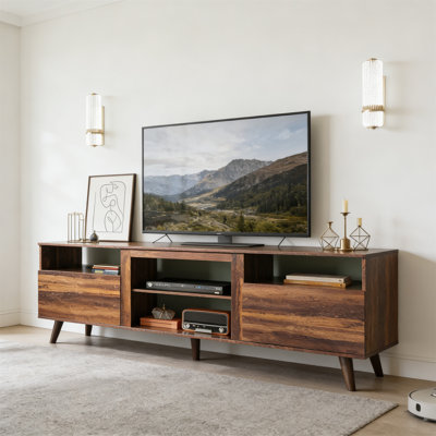 Mid-Century Modern TV Stand For 55 60 65 Inch TV, Entertainment Center With Open Shelf & Storage Cabinets, Media Console, Retro Brown