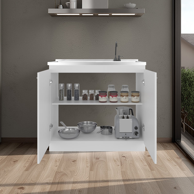 Napoles Utility Sink With Faucet Inclued And Integrated Steel Counter Top, Freestanding Cabinet With Two Doors, Metal Handles And Two Interior Shelves.