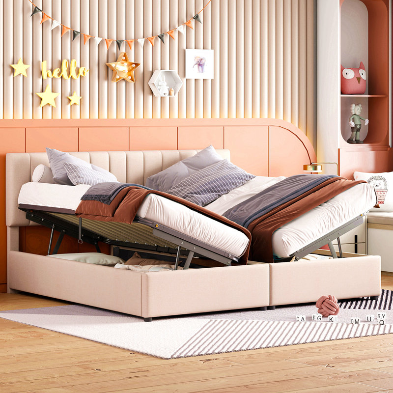 Très grand lit plateforme tapissier avec système de rangement hydraulique, beige