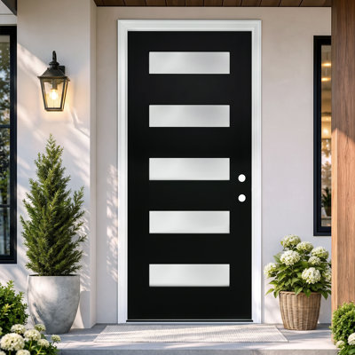 Porte d'entrée en fibre de verre 36 po x 80 po Rylan, finition noire brossée lisse, verre triplex givré horizontal 5-Lite