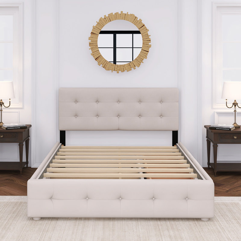 Queen Upholstered Platform Bed With 2 Drawers And 1 Twin XL Trundle, Beige