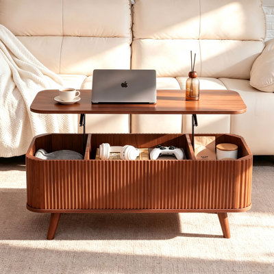 Table basse ovale Betty 100 cm (39,37 po) à plateau relevable cannelé avec rangement, en bois de noyer, avec 3 compartiments cachés, idéale pour le salon ou le bureau.