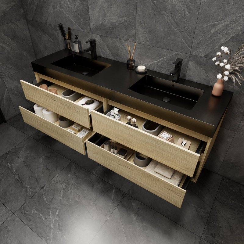 Golitz 71'' Double Bathroom Vanity with Stainless Steel Top, Teak Wood