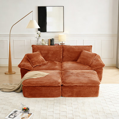 Boneless Fluffy Corduroy Compression Couch With Ottoman, Compressed Loveseat With Deep Seat, Convertible Sofa Bed For Appartment
