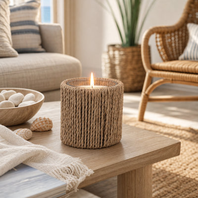 Bougie parfumée au jasmin en corde tressée pour la décoration du salon - Bougie moderne en verre pour table basse, étagère ou chambre - 10 cm, marron et transparent