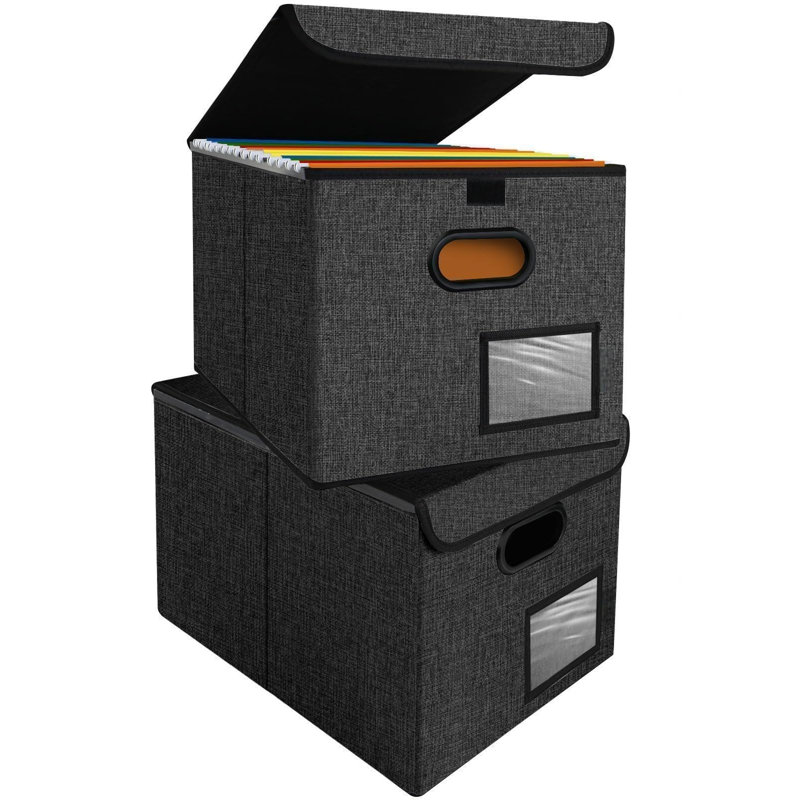 File Organizer Box With Lid, Collapsible File Folder Organizer With Plastic Slide, Hanging File Folder Box For Office Document Storage (2 Pack, Black)