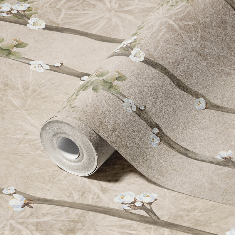 Élégante peinture murale cerisier en fleurs, L 44,04 po x l 81 po, Brun