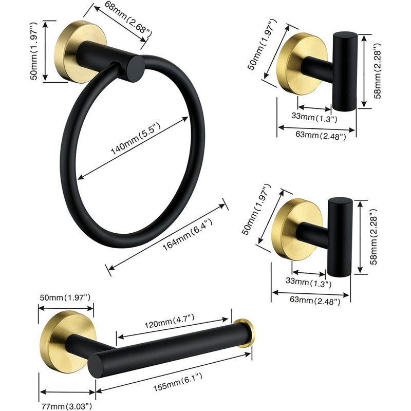 Stainless Steel Bathroom Hardware Set - Includes Towel Ring, Toilet Paper Holder, And 2 Robe Hooks - Durable 304 Stainless Steel With Modern Design