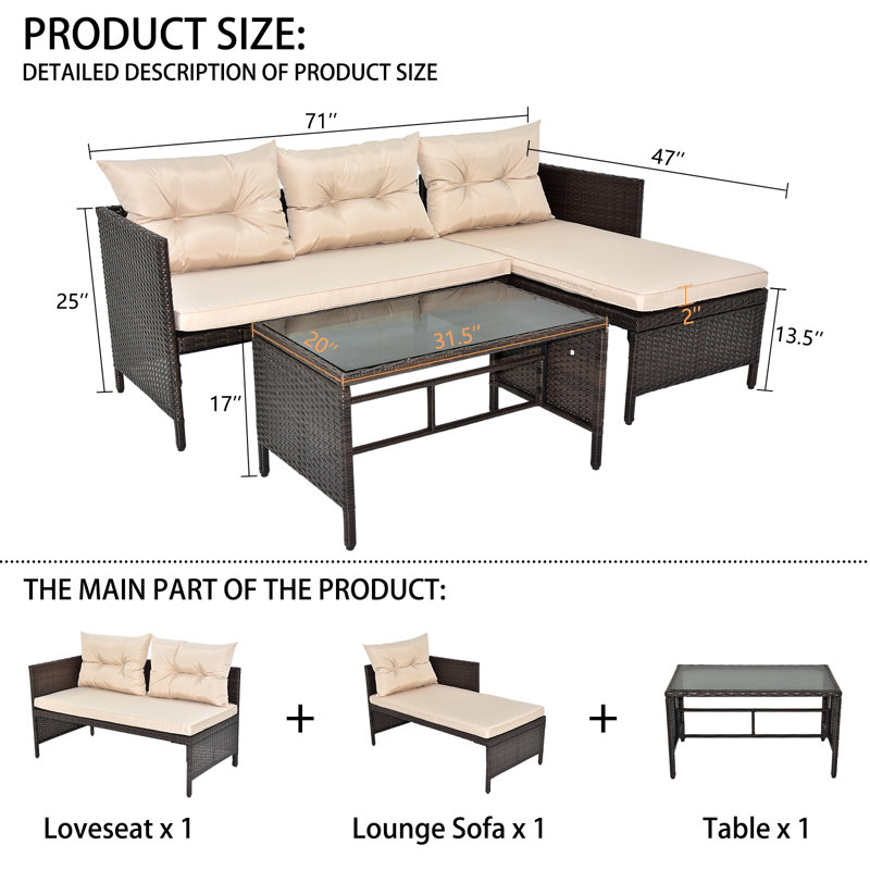 Adrean 3 - Person Patio Conversation Set with Cushions
