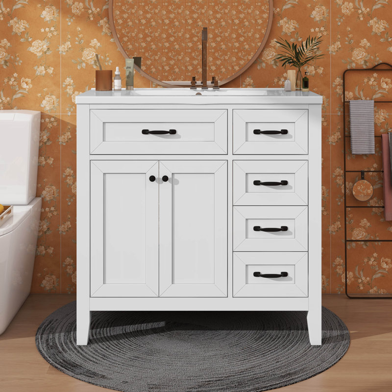 Meuble-lavabo simple 36 po avec tiroirs pratiques, Blanc, Noir