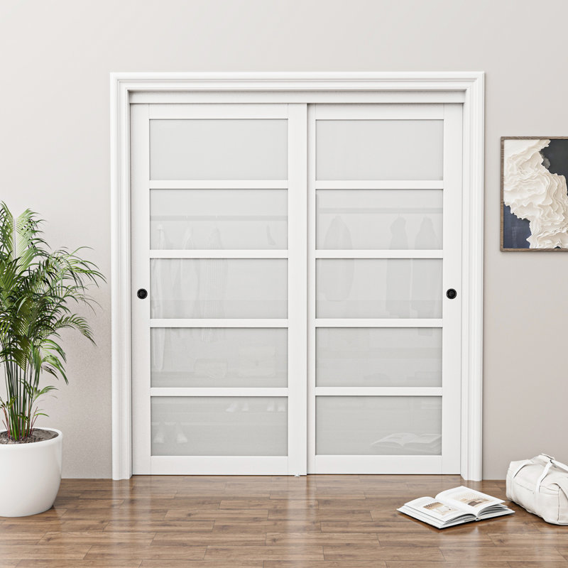 72 in. x 80 in. White MDF Sliding Door with Frosted Glass Panels