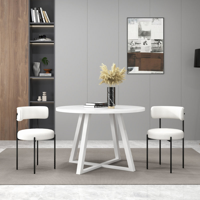 Durban 3-Piece Round Dining Set, Trestle Dining Table With 2 Boucle Chairs, White, 3 Pieces: Table, 2 Chairs