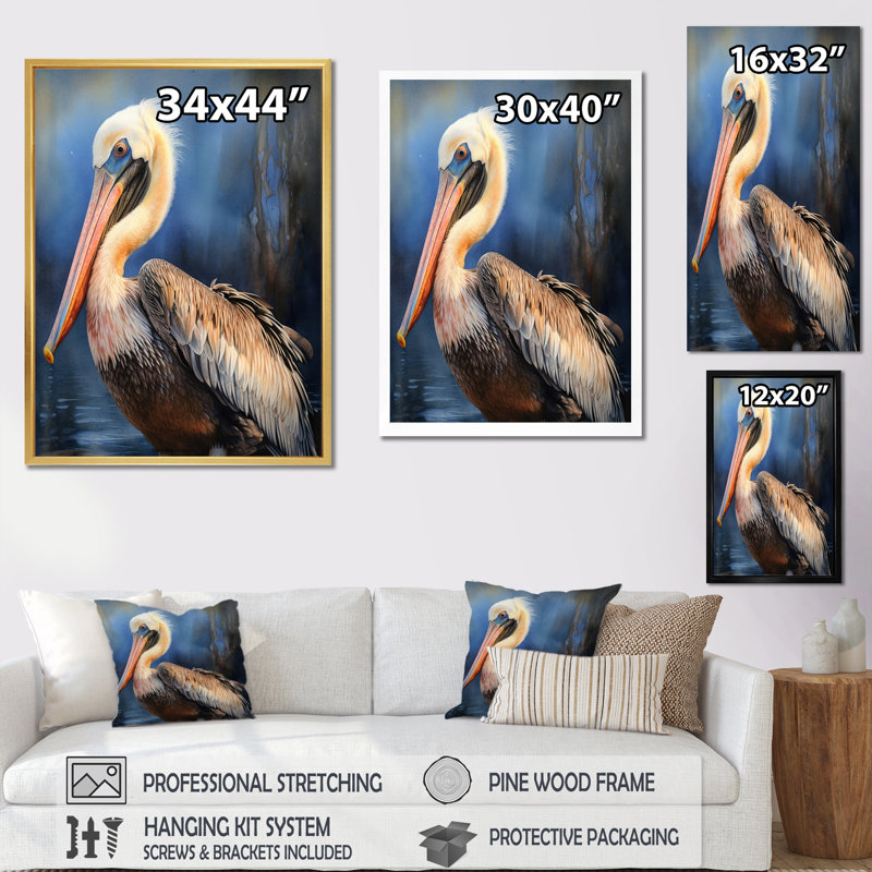 Majestic Pelican II - art mural sur toile Pelican, H 32 po x l 16 po x P 1 po, Cadre simple blanc