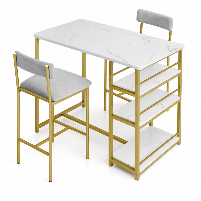 2 -Person Dining Set, White / Gold, White, Gray, Gold