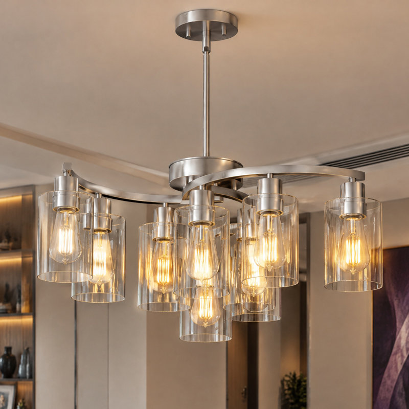Luminaire suspendu industriel 9 lumières avec verre transparent, Nickel, 9 lumières