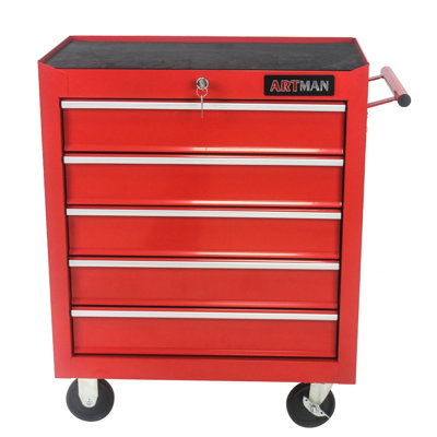 Coffre à outils 5 tiroirs, armoire de rangement pour outils pour le garage avec 4 roues et système de verrouillage, rouge