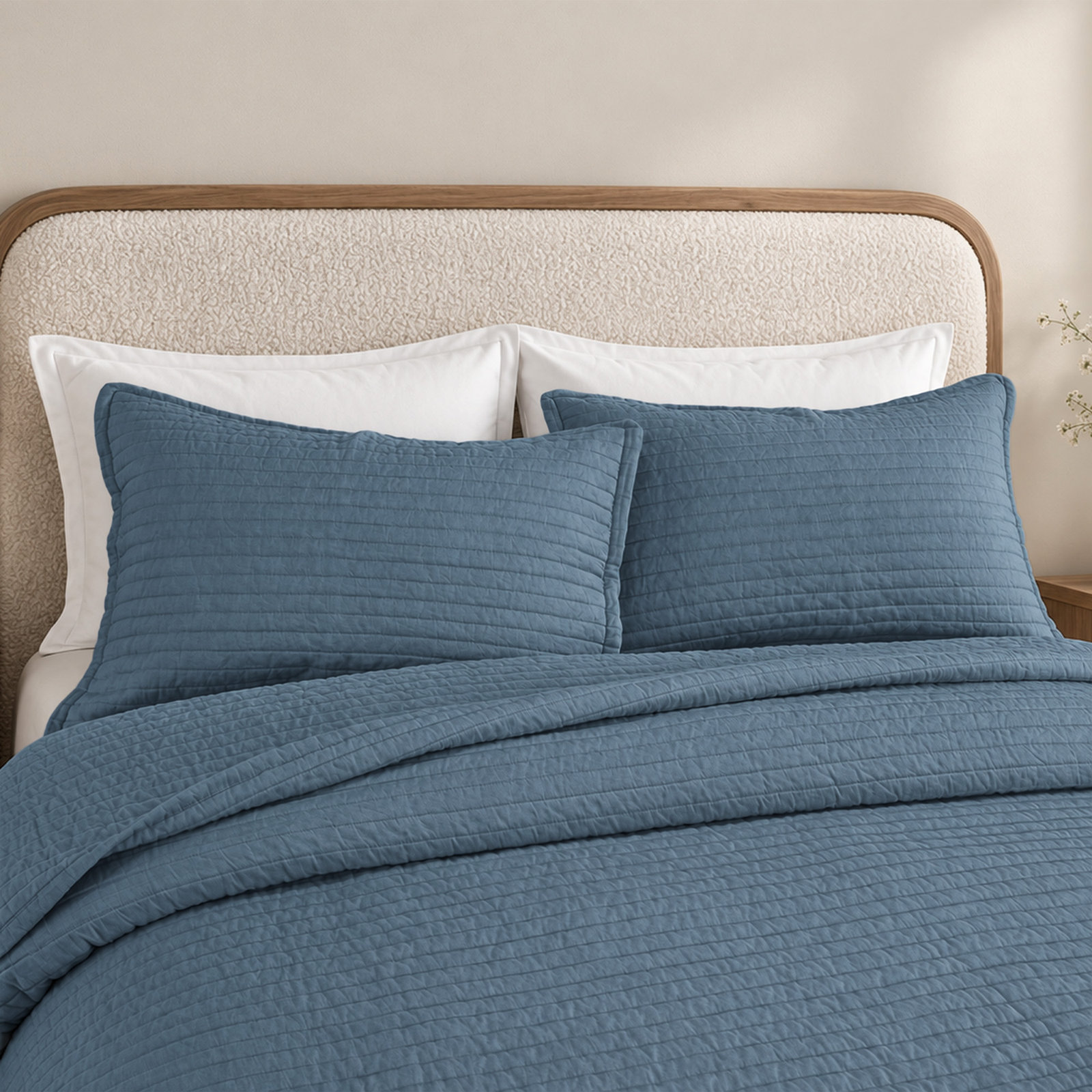 Clara 100% French Linen Channel Quilt Set with Shams, Queen Quilt + 2 Standard Shams, Navy