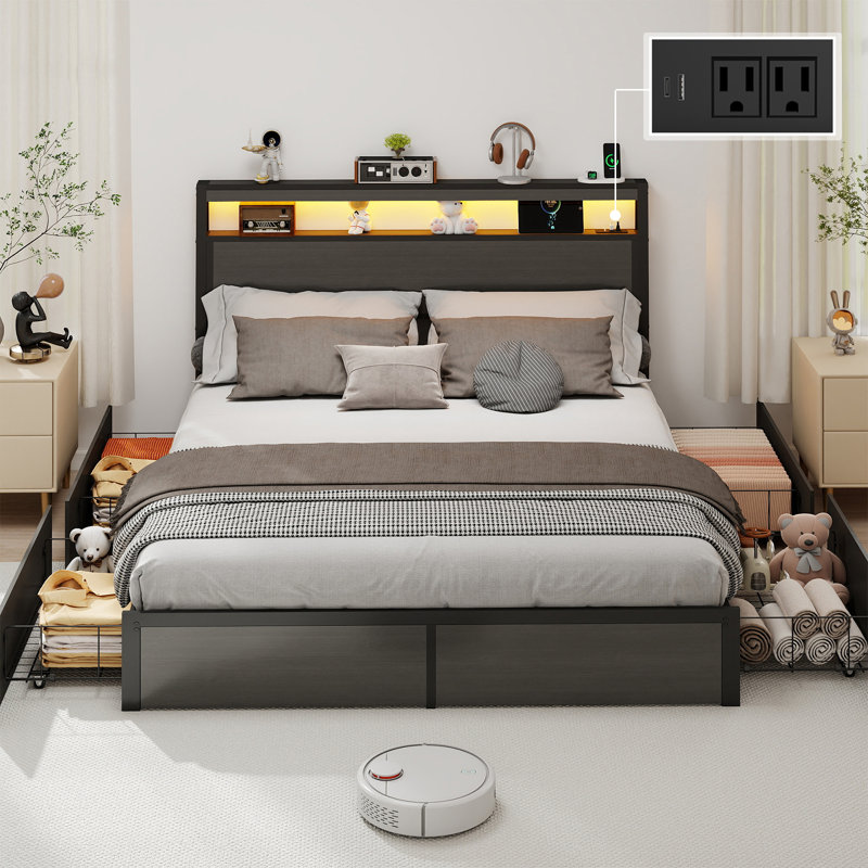 Bed Frame with 4 Storage Drawers and 2-tier Solid Wood Headboard Storage With Charging Station and LED Lights, Noise Free