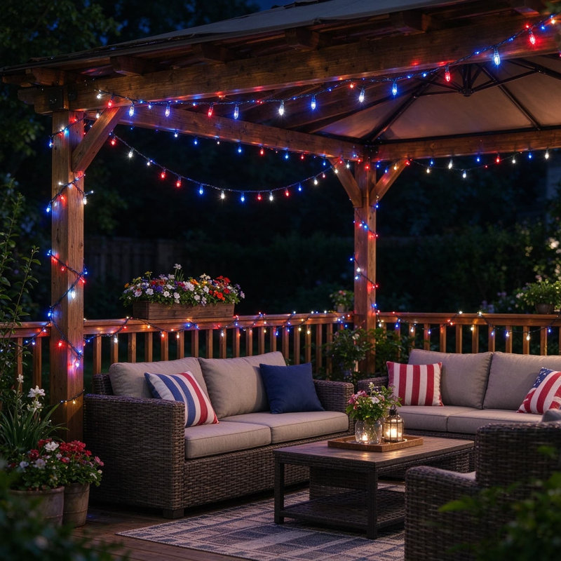 Guirlande lumineuse à DEL 8 lumières pour l'extérieur, rouge, blanc et bleu avec télécommande et imperméable