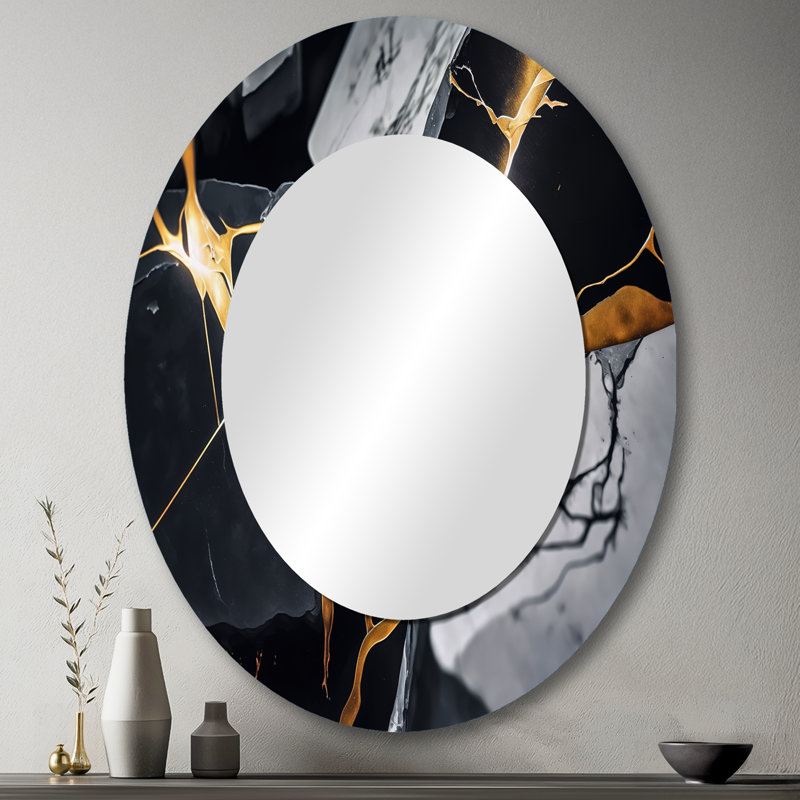 Miroir mural abstrait géométrique abstrait en marbre doré II - noir, 43 po x 33 po
