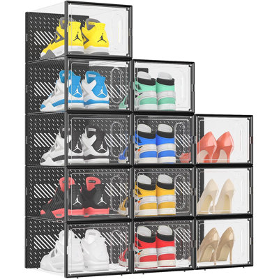 Large Clear Plastic Shoe Organizer With Magnetic Door, Stackable Sneaker Storage Box For Closet, Entryway, And Under Bed, 12-Pack